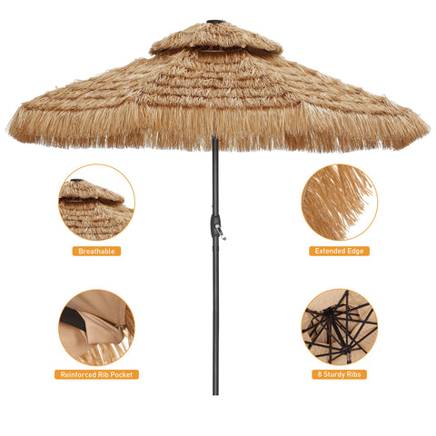 Ainfox 9ft Double Tiers Thatched Tiki Umbrella for Outdoor, Pool, Patio, Beach, Brown