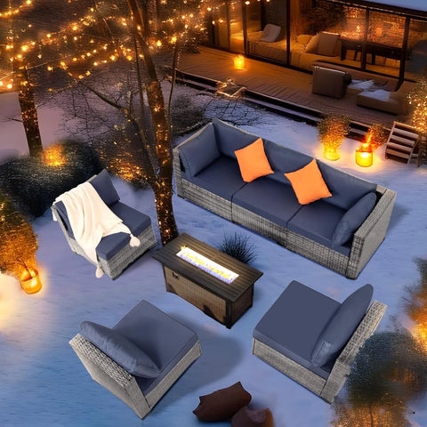 Ainfox 7 Piece Outdoor Patio Furniture Sofa Set on Sale, Grey Rattan Blue Cushion