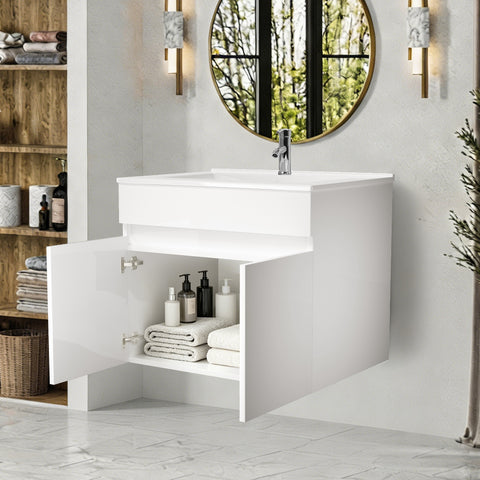 Ainfox Wall Mounted Bathroom Vanity with Ceramic Top and Sink, Storage Cabinet