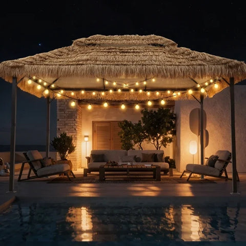 Ainfox 10x13 FT Imitation Straw Patio Gazebo-Heavy Duty Metal Frame Double Tier Ventilated Roof Outdoor Tiki Hut Shade Canopy for Backyard Pool Deck