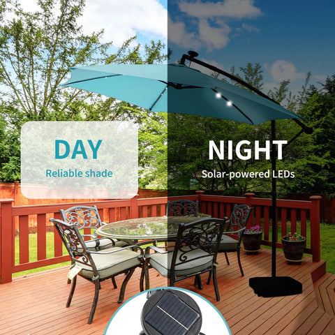 Ainfox 10ft Cantilever Patio Umbrella with Lights, Offset Market Umbrella with Sandbags Weighted Base and Cross Base Black / with Lights