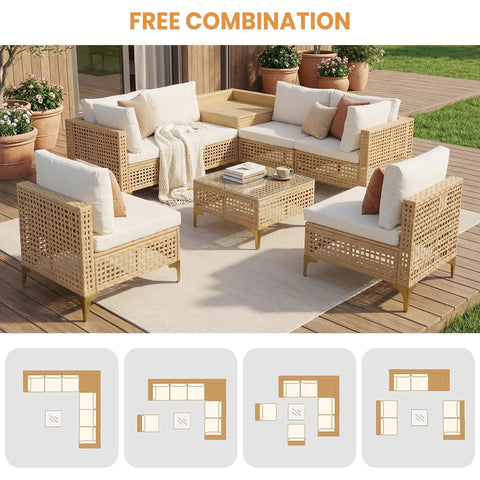 Ainfox 8-Piece Oversized Wicker Patio Furniture Set, UV-Resistant PE Rattan Outdoor Conversation Sofa with Storage Box & Tempered Glass Coffee Table, Yellow/Beige | Porch Backyard Poolside