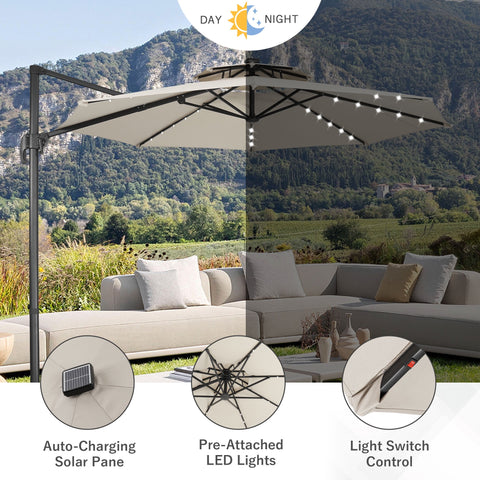 Ainfox 10ft Double Top Heavy-Duty Patio Cantilever Umbrella with lights and Cross Base, Outdoor Large Offset Hanging Aluminum Rotation Sun Shade Solar Umbrella with 360°Rotation Adjustable, Beige