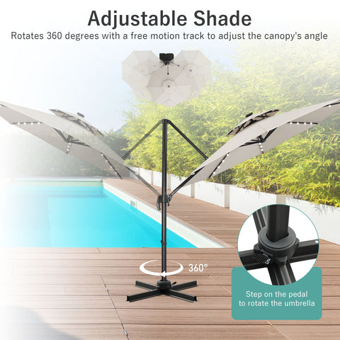 Ainfox 10ft Double Top Heavy-Duty Patio Cantilever Umbrella with lights and Cross Base, Outdoor Large Offset Hanging Aluminum Rotation Sun Shade Solar Umbrella with 360°Rotation Adjustable, Beige