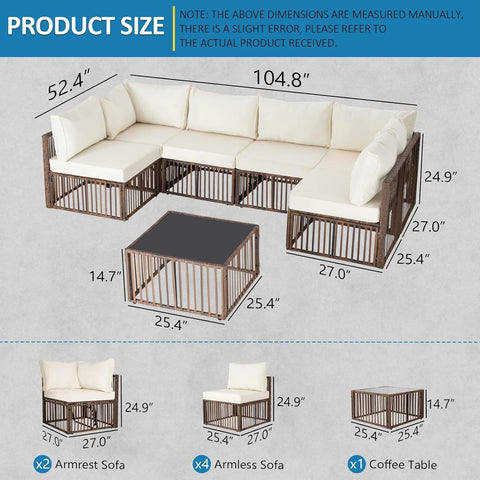 Ainfox 7 Pieces Outdoor Wicker Patio Furniture Set, Adjustable Backrest Sectional Conversation Couch with Thick Cushions & Coffee Table for Garden Porch Poolside