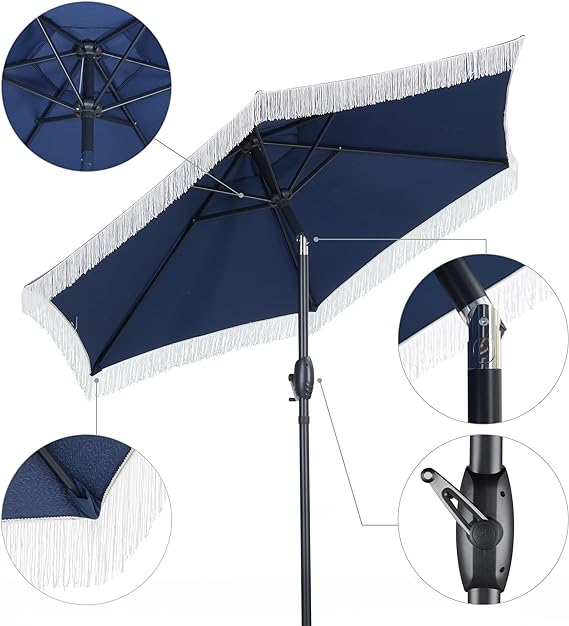 7.5ft Patio Umbrella with Fringe for Event Outdoor Garden Yard Deck Wedding Themed Restaurant Cafe Bistro Set