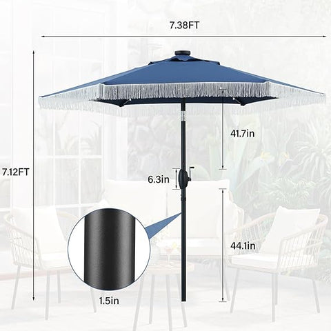 7.5ft Patio Umbrella with Fringe& Led Lights for Event Outdoor Garden Yard Deck Wedding Themed Restaurant Cafe Bistro Set