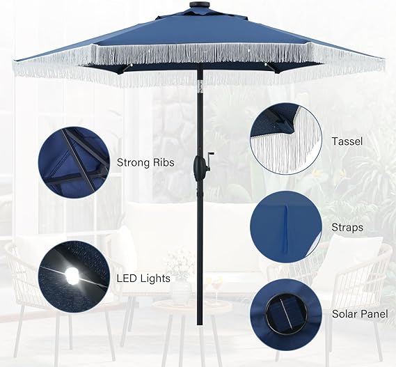 7.5ft Patio Umbrella with Fringe& Led Lights for Event Outdoor Garden Yard Deck Wedding Themed Restaurant Cafe Bistro Set