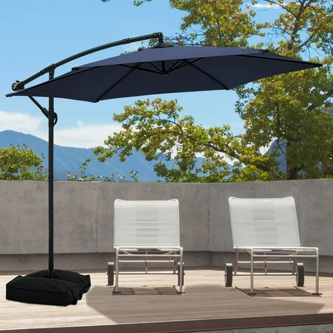 Ainfox 10ft Cantilever Patio Umbrella with Lights, Offset Market Umbrella with Sandbags Weighted Base and Cross Base