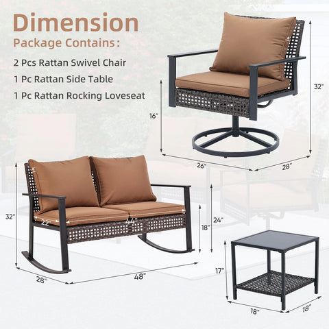 Ainfox 4-Piece Outdoor Patio Furniture Sofa Set, Includes 2 Swivel Glider Chairs,1 Tempered Glass-top Coffee Table and 1 Rocking Loveseat