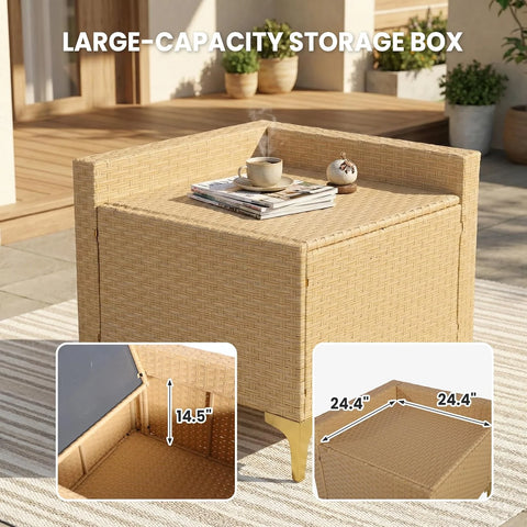 Ainfox 8-Piece Oversized Wicker Patio Furniture Set, UV-Resistant PE Rattan Outdoor Conversation Sofa with Storage Box & Tempered Glass Coffee Table, Yellow/Beige | Porch Backyard Poolside