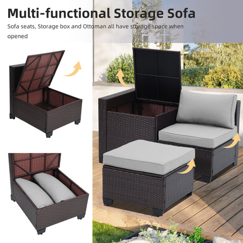 Ainfox 8 Piece Outdoor Patio Rattan Sectional Storage Furniture Set, All Weather PE Wicker Modular Conversation Sofa with Ottoman & Side Box for Backyard Pool Deck