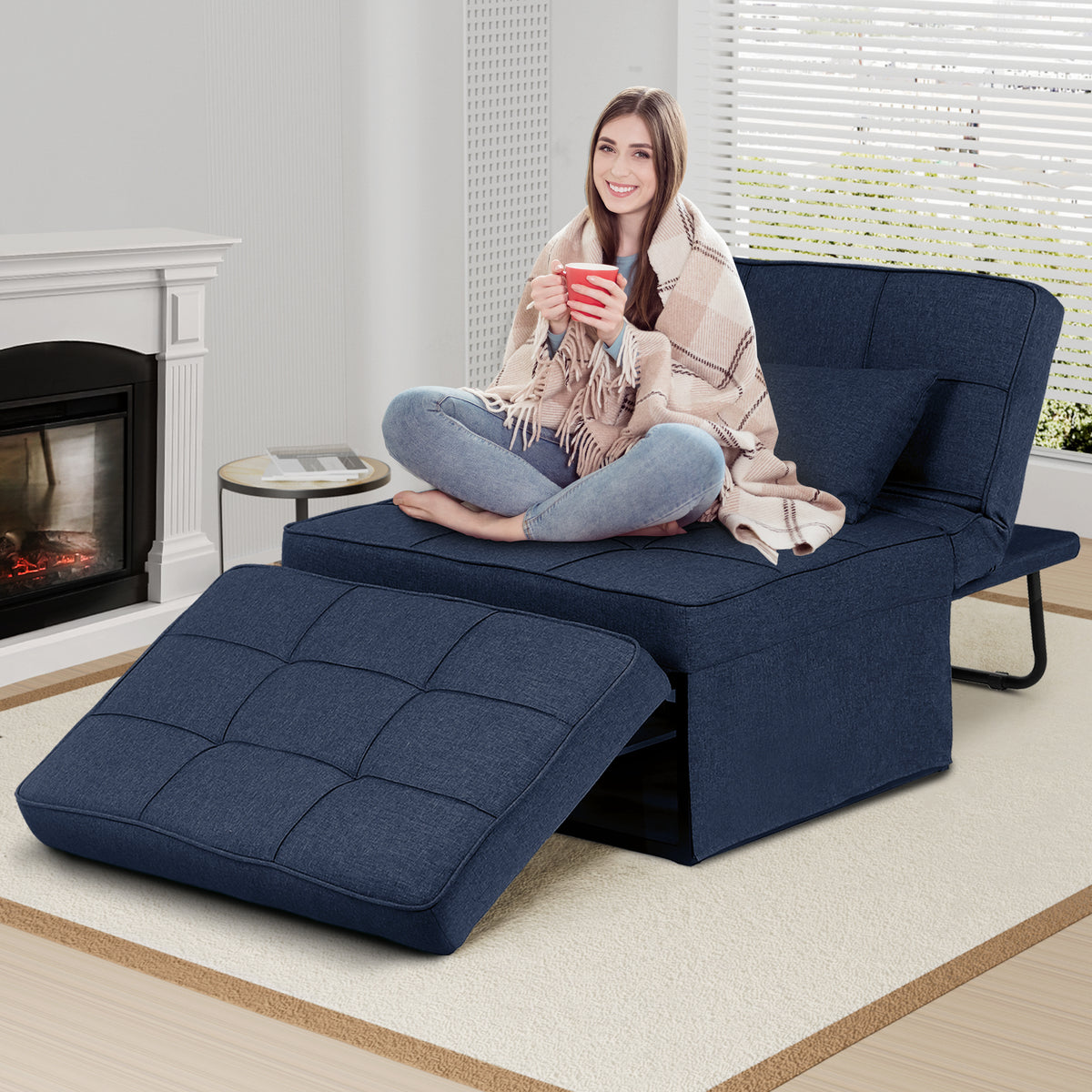 73.23"Length 6 1 Convertible Sofa Bed Adjustable Backrest Navy Blue