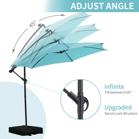 Ainfox 10ft Cantilever Patio Umbrella with Lights, Offset Market Umbrella with Sandbags Weighted Base and Cross Base