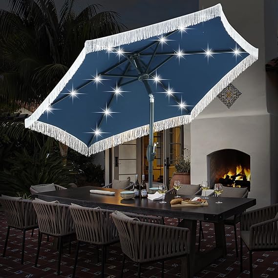 7.5ft Patio Umbrella with Fringe& Led Lights for Event Outdoor Garden Yard Deck Wedding Themed Restaurant Cafe Bistro Set