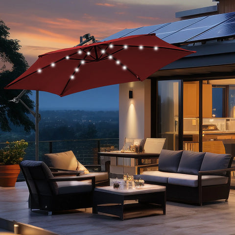 Ainfox 10ft Cantilever Patio Umbrella with Lights, Offset Market Umbrella with Sandbags Weighted Base and Cross Base
