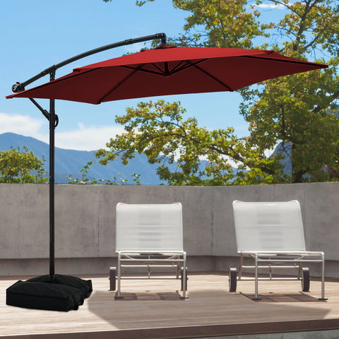 Ainfox 10ft Cantilever Patio Umbrella with Lights, Offset Market Umbrella with Sandbags Weighted Base and Cross Base