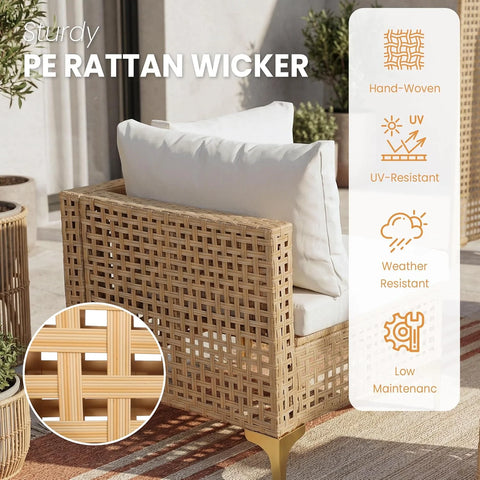 Ainfox 8-Piece Oversized Wicker Patio Furniture Set, UV-Resistant PE Rattan Outdoor Conversation Sofa with Storage Box & Tempered Glass Coffee Table, Yellow/Beige | Porch Backyard Poolside