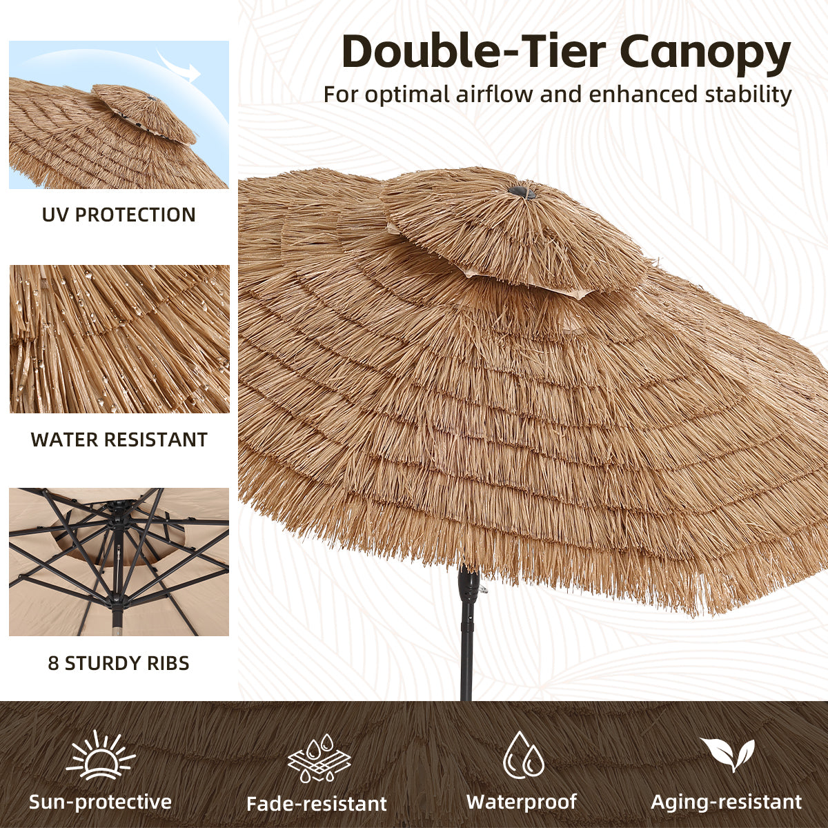 Ainfox Thatched Tiki Patio Umbrella, Outdoor Market Umbrella for Garden, Deck, Backyard, Pool, Beach