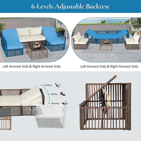 Ainfox 7 Pieces Outdoor Wicker Patio Furniture Set, Adjustable Backrest Sectional Conversation Couch with Thick Cushions & Coffee Table for Garden Porch Poolside