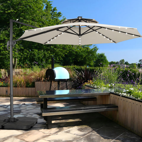 Ainfox 10ft Double Top Heavy-Duty Patio Cantilever Umbrella with lights and Cross Base, Outdoor Large Offset Hanging Aluminum Rotation Sun Shade Solar Umbrella with 360°Rotation Adjustable, Beige