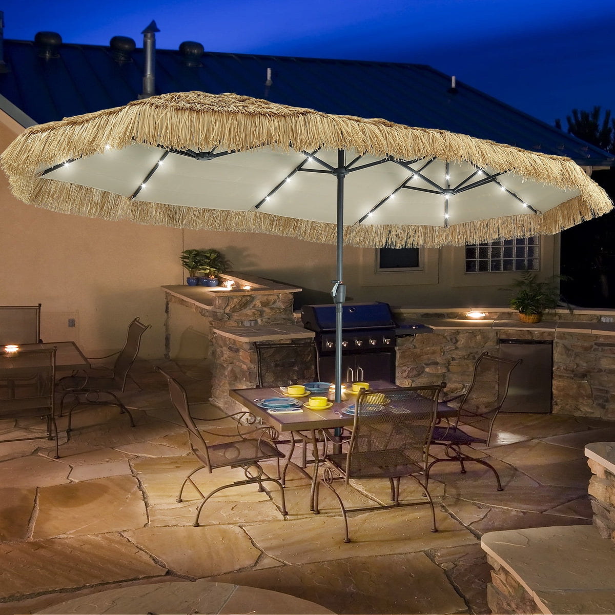 13ft Large Thatched Tiki Patio Umbrella Solar LED Lights Outdoor Heavy Duty Double Sided Rectangle Market Umbrella Garden Deck Backyard Pool Beach
