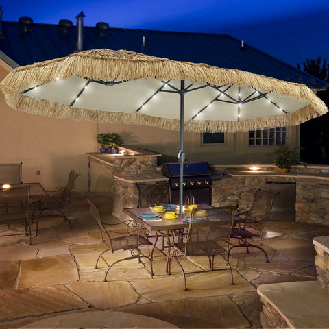 Ainfox 13ft Large Thatched Tiki Patio Umbrella with Solar LED Lights, Outdoor Heavy-Duty Double-Sided Rectangle Market Umbrella for Garden, Deck, Backyard, Pool, Beach