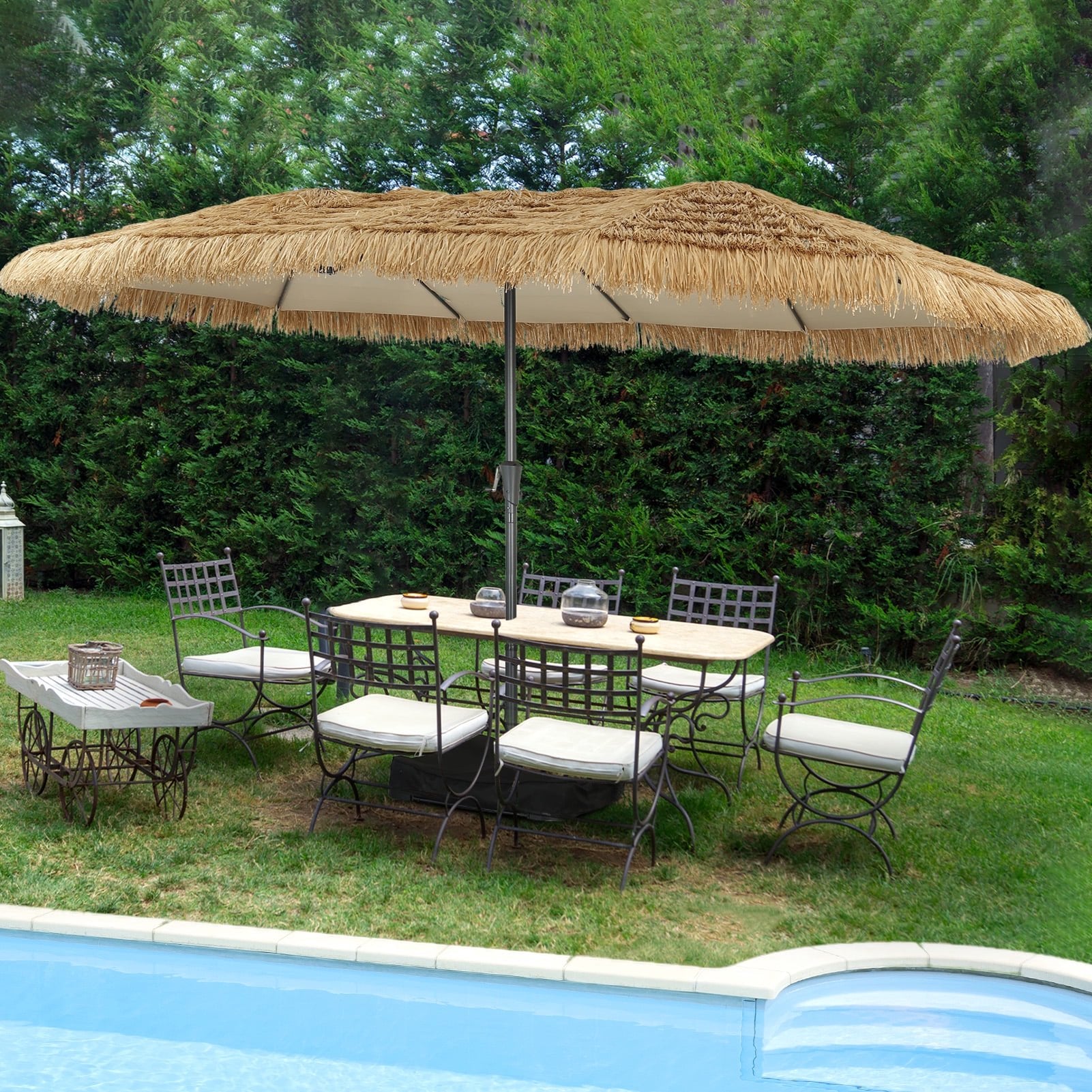 15ft Large Thatched Tiki Patio Umbrella Stand Sandbags Outdoor Heavy Duty Double Sided Rectangle Market Umbrella Garden Deck Backyard Pool Beach