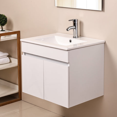 Ainfox Wall Mounted Bathroom Vanity with Ceramic Top and Sink, Storage Cabinet, Faucet Combo Set