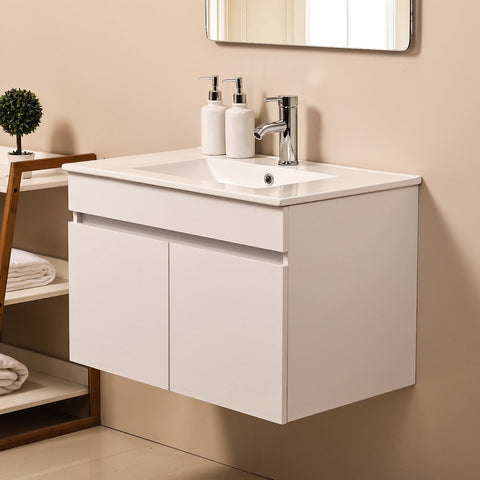 Ainfox Wall Mounted Bathroom Vanity with Ceramic Top and Sink, Storage Cabinet, Faucet Combo Set