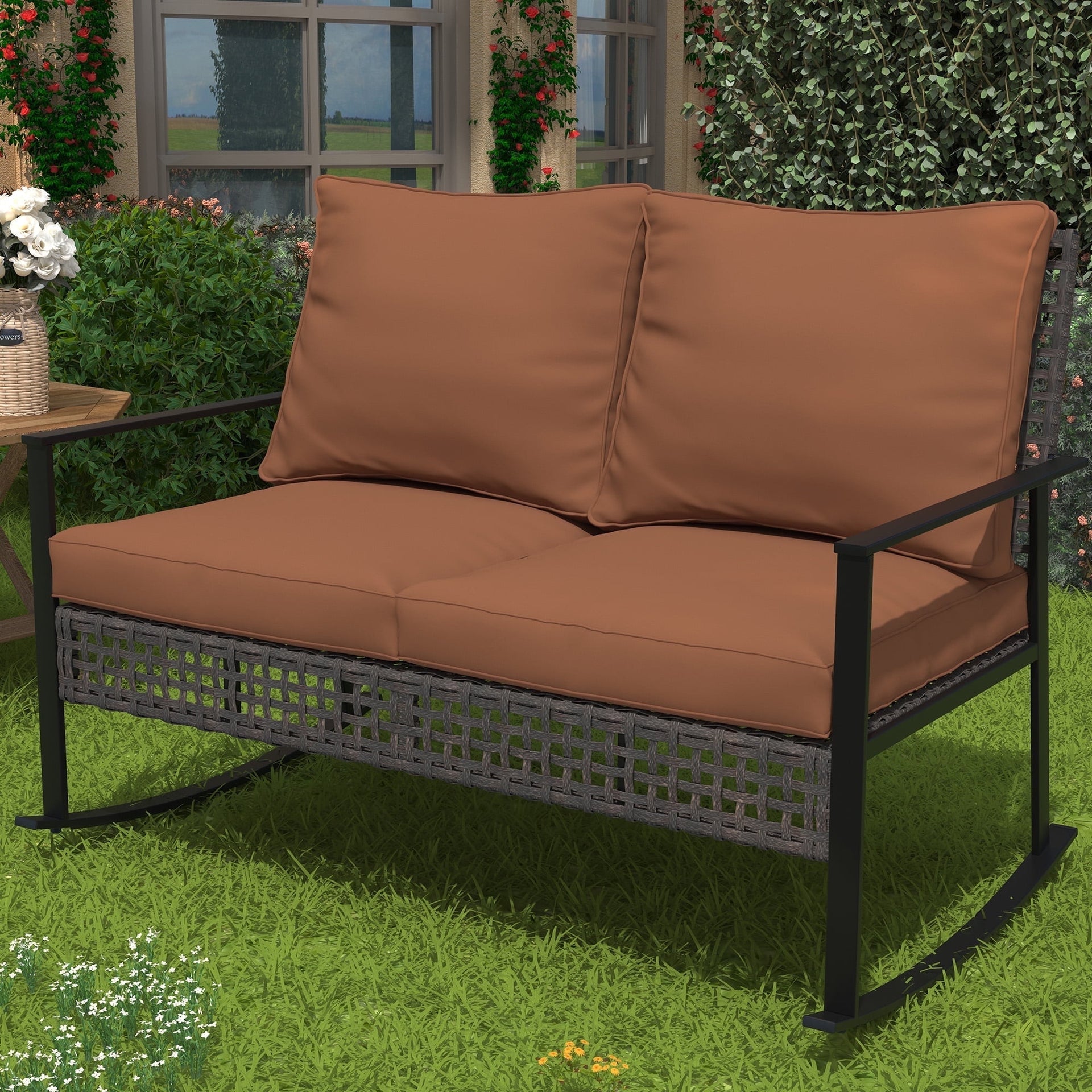 Outdoor Patio Furniture Rocking Loveseat Wicker Rattan Sofa