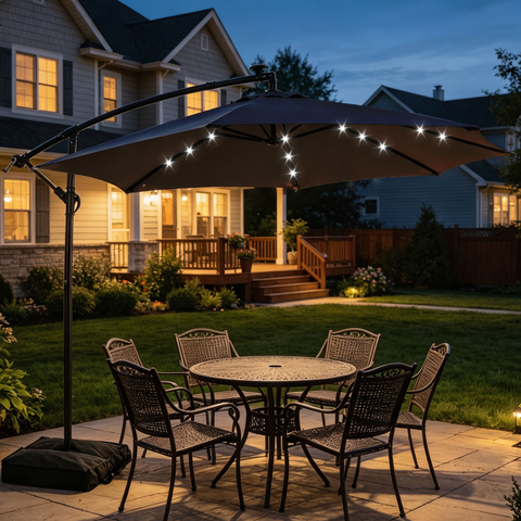 Ainfox 10ft Cantilever Patio Umbrella with Lights, Offset Market Umbrella with Sandbags Weighted Base and Cross Base