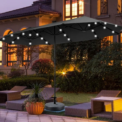 Ainfox 13ft Large Patio Umbrella with Solar Lights and Weighted Base, Outdoor Double-Sided Rectangle Market Umbrellas