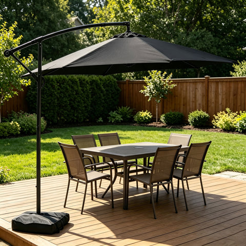 Ainfox 10ft Cantilever Patio Umbrella with Lights, Offset Market Umbrella with Sandbags Weighted Base and Cross Base