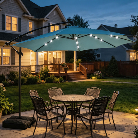 Ainfox 10ft Cantilever Patio Umbrella with Lights, Offset Market Umbrella with Sandbags Weighted Base and Cross Base