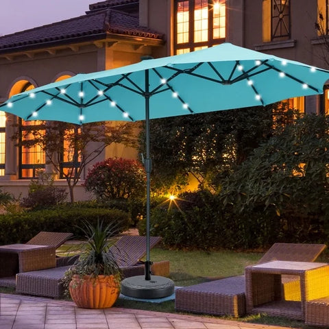 Ainfox 13ft Large Patio Umbrella with Solar Lights and Weighted Base, Outdoor Double-Sided Rectangle Market Umbrellas