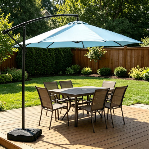 Ainfox 10ft Cantilever Patio Umbrella with Lights, Offset Market Umbrella with Sandbags Weighted Base and Cross Base