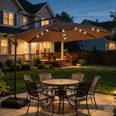 Ainfox 10ft Cantilever Patio Umbrella with Lights, Offset Market Umbrella with Sandbags Weighted Base and Cross Base