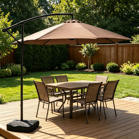 Ainfox 10ft Cantilever Patio Umbrella with Lights, Offset Market Umbrella with Sandbags Weighted Base and Cross Base