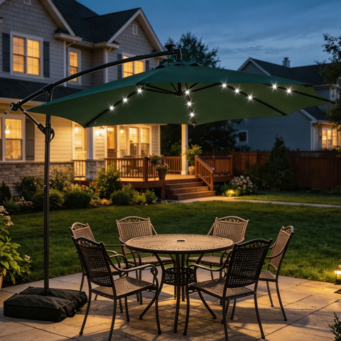 Ainfox 10ft Cantilever Patio Umbrella with Lights, Offset Market Umbrella with Sandbags Weighted Base and Cross Base
