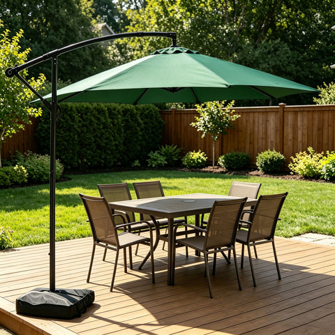 Ainfox 10ft Cantilever Patio Umbrella with Lights, Offset Market Umbrella with Sandbags Weighted Base and Cross Base