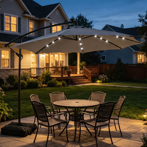 Ainfox 10ft Cantilever Patio Umbrella with Lights, Offset Market Umbrella with Sandbags Weighted Base and Cross Base