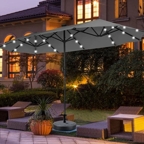 Ainfox 13ft Large Patio Umbrella with Solar Lights and Weighted Base, Outdoor Double-Sided Rectangle Market Umbrellas