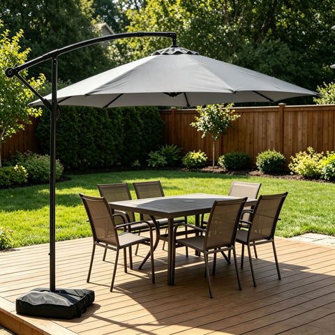 Ainfox 10ft Cantilever Patio Umbrella with Lights, Offset Market Umbrella with Sandbags Weighted Base and Cross Base