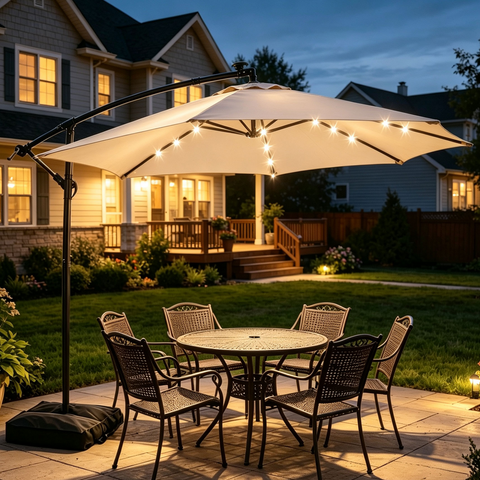 Ainfox 10ft Cantilever Patio Umbrella with Lights, Offset Market Umbrella with Sandbags Weighted Base and Cross Base