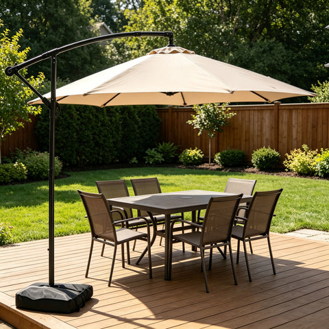 Ainfox 10ft Cantilever Patio Umbrella with Lights, Offset Market Umbrella with Sandbags Weighted Base and Cross Base