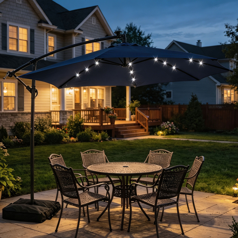 Ainfox 10ft Cantilever Patio Umbrella with Lights, Offset Market Umbrella with Sandbags Weighted Base and Cross Base