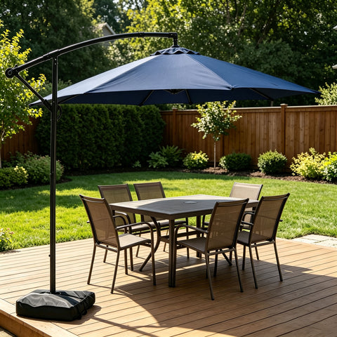 Ainfox 10ft Cantilever Patio Umbrella with Lights, Offset Market Umbrella with Sandbags Weighted Base and Cross Base