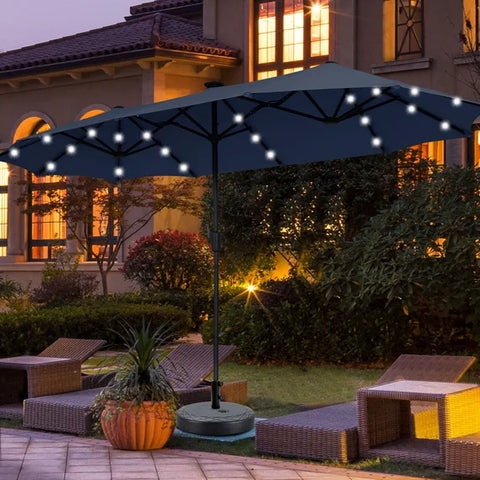 Ainfox 13ft Large Patio Umbrella with Solar Lights and Weighted Base, Outdoor Double-Sided Rectangle Market Umbrellas
