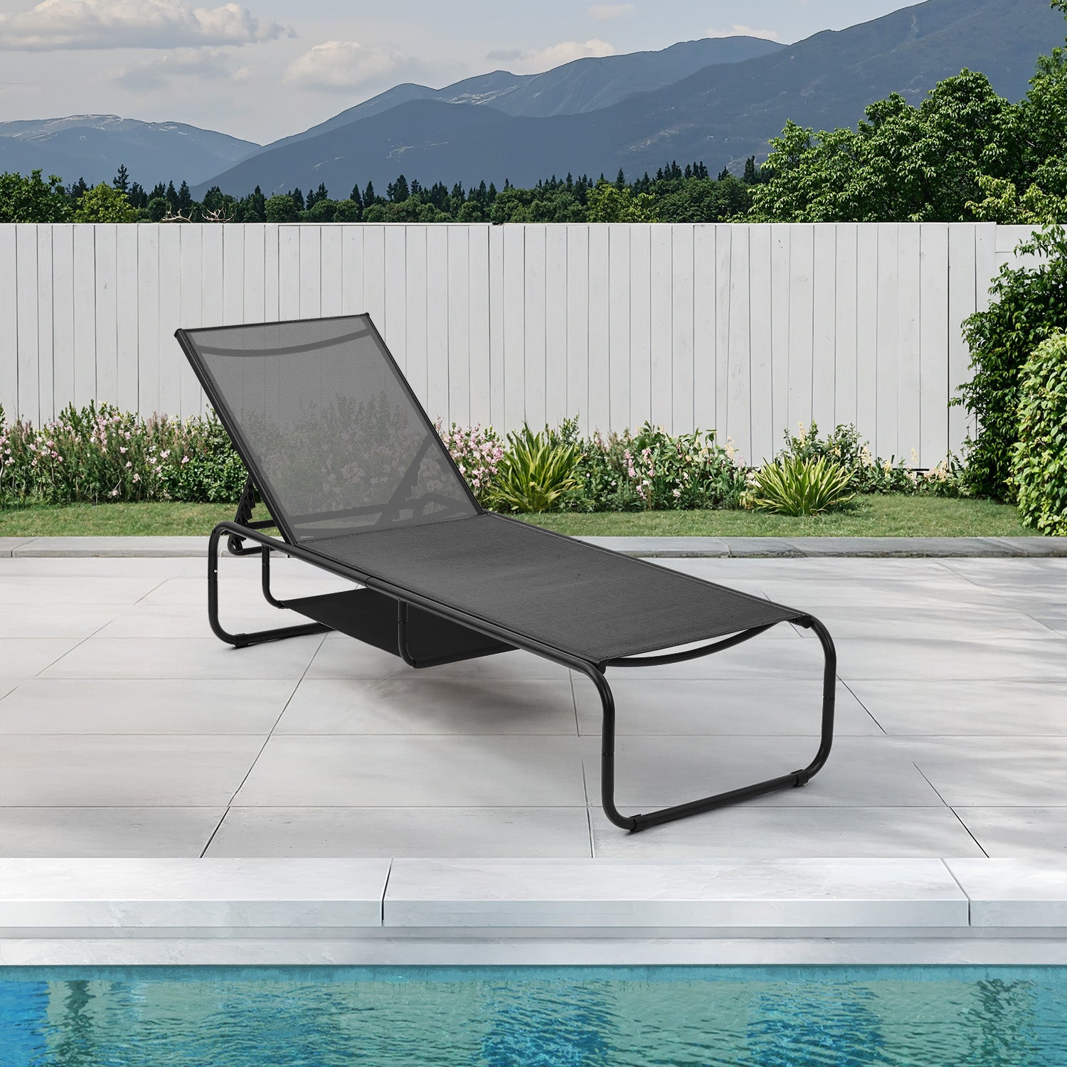 Patio Chaise Lounge Chair 5 Adjustable Positions Outdoor Recliner Hidden Storage Breathable Textilene Fabric Steel Frame